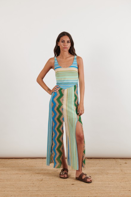 ABITO LUNGO SPACCHI RIGHE/CHEVRON VERDE-CELESTE