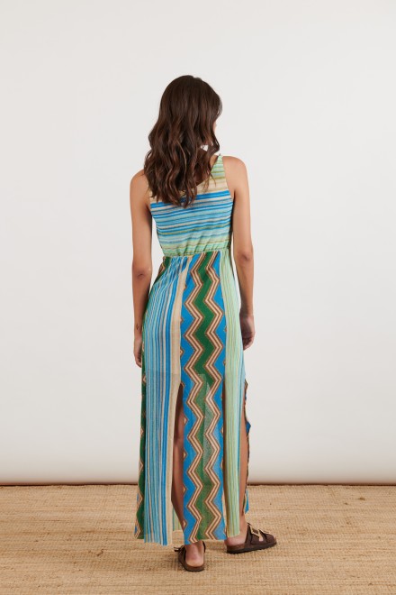 ABITO LUNGO SPACCHI RIGHE/CHEVRON VERDE-CELESTE