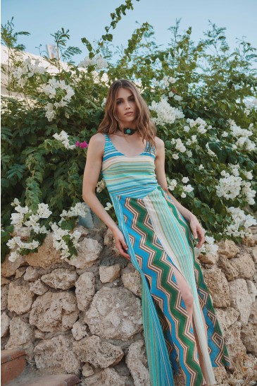 ABITO LUNGO SPACCHI RIGHE/CHEVRON VERDE-CELESTE
