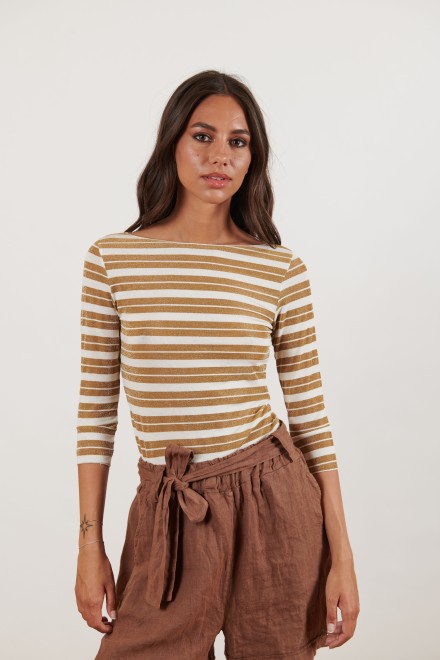 MAGLIA A BARCHETTA LUREX RIGHE ORO-AVORIO