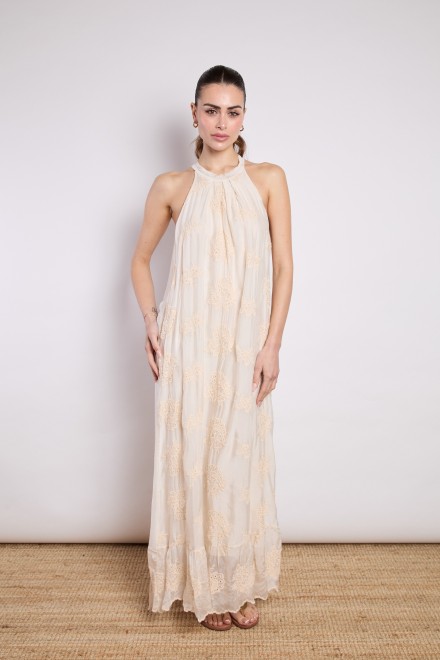 LONG AMERICAN SILK CHIFFON DRESS BEIGE