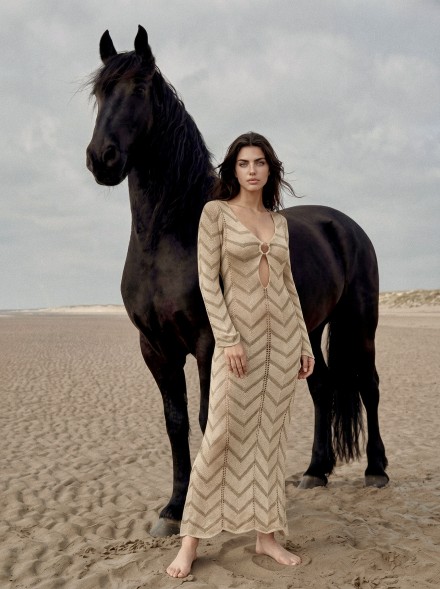 MARBELLA CHEVRON LONG DRESS BEIGE-GOLD