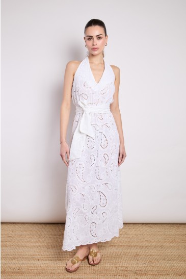 SANGALLO LONG DRESS WITH SASH WHITE