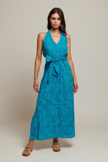 SANGALLO LONG DRESS WITH SASH CELESTIAL BLUE