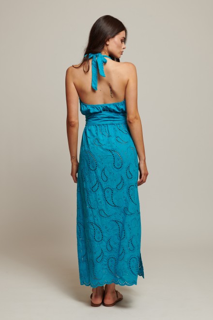 SANGALLO LONG DRESS WITH SASH CELESTIAL BLUE
