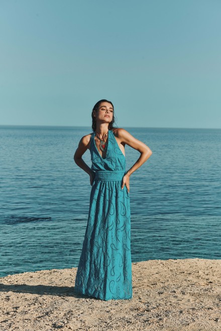 SANGALLO LONG DRESS WITH SASH CELESTIAL BLUE