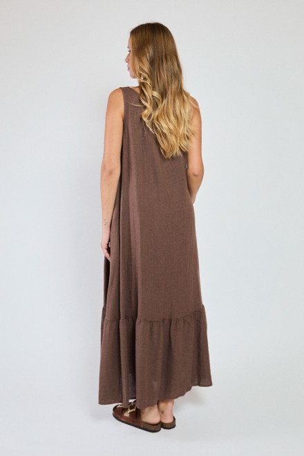 LONG SLEEVELESS LINEN DRESS WITH RUFFLES COFFEE