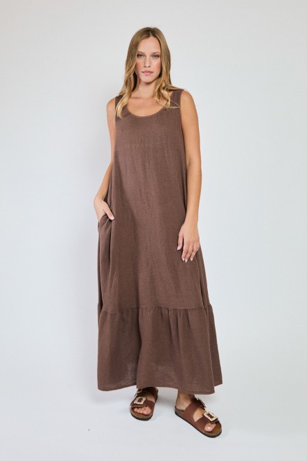 LONG SLEEVELESS LINEN DRESS WITH RUFFLES COFFEE