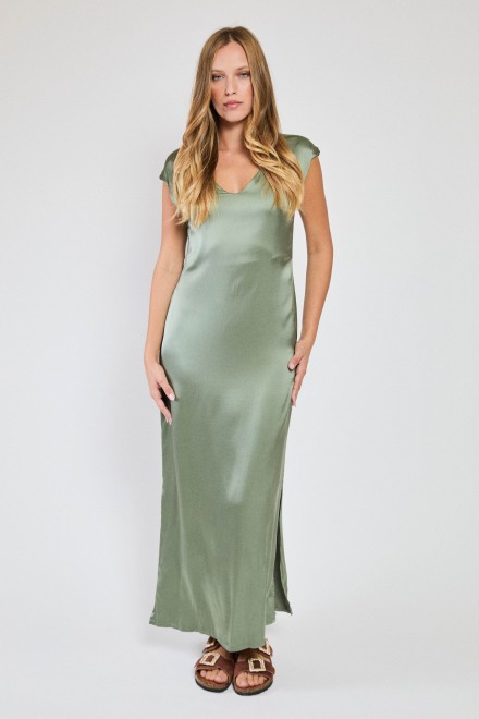 LONG SLEEVELESS SATIN DRESS MILITARY
