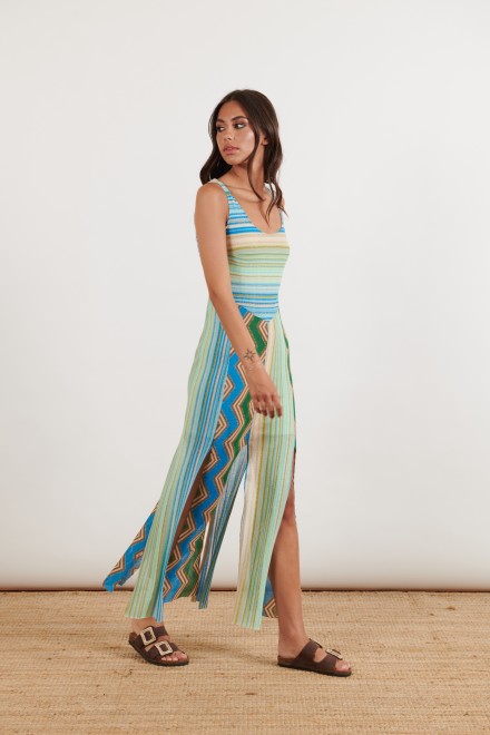 LONG DRESS WITH STRIPED/CHEVRON SLITS GREEN-CELESTIAL