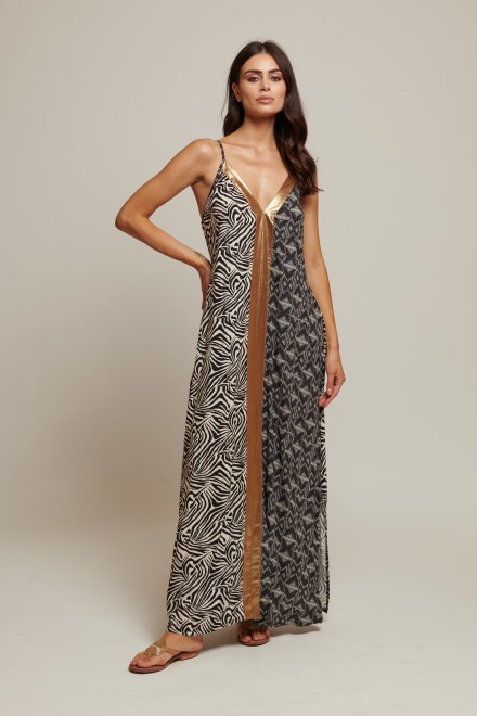 LONG ANIMALIER SHOULDER DRESS BLACK