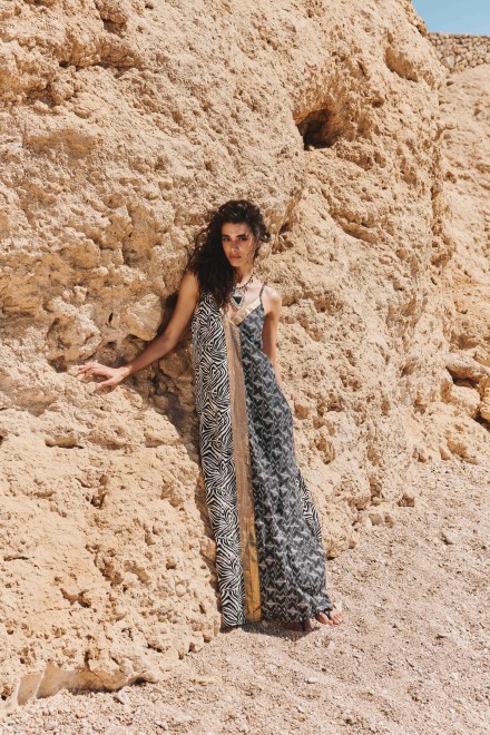 LONG ANIMALIER SHOULDER DRESS BLACK