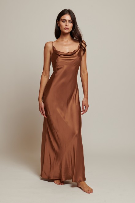 LONG SATIN SHOULDER DRESS BRONZE