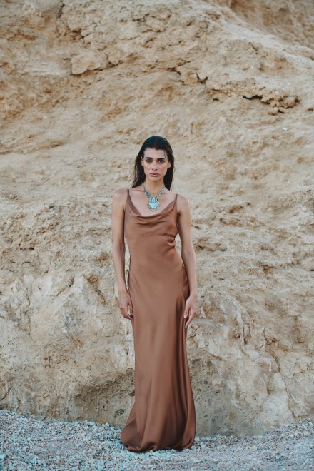 LONG SATIN SHOULDER DRESS BRONZE