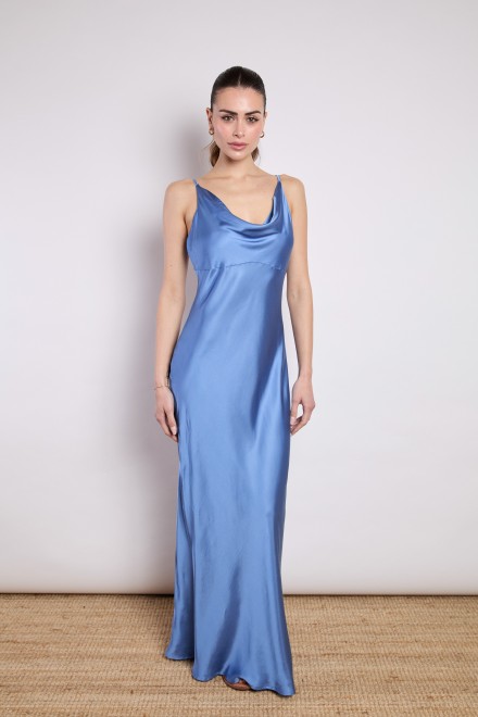 LONG SATIN SHOULDER DRESS DENIM