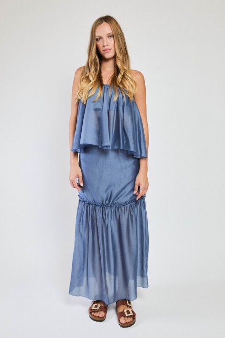 LONG GAUZE FLOUNCE SKIRT DENIM