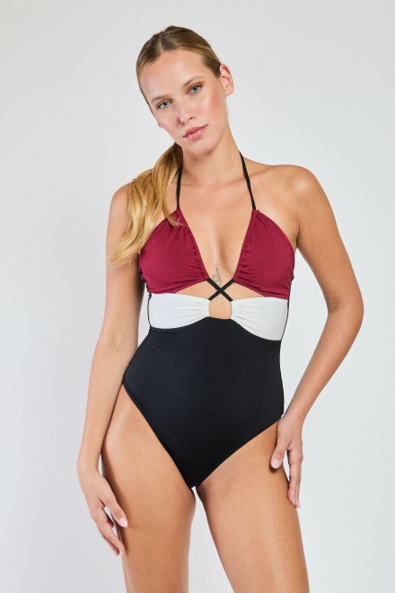 SWIMSUIT SOLID COLOR DRAWSTRING BAND BLACK