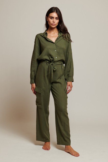 LINEN CARGO PANTS GREEN